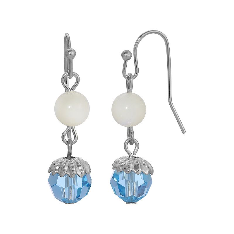 1928 Silver Tone Simulated Mother Of Pearl With Aqua Bead Drop Earrings, Wo