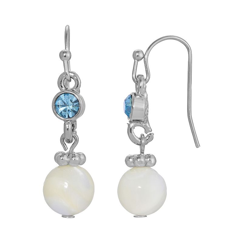 1928 Silver Tone Simulated Mother Of Pearl and Blue Crystal Drop Earrings, 
