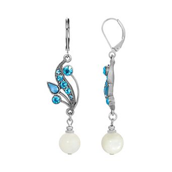 1928 Silver Tone Simulated Mother Of Pearl and Fancy Blue Crystal Drop Earrings