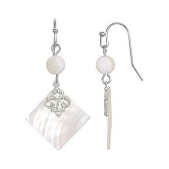 1928 Silver Tone Simulated Mother Of Pearl Shell Stone And Bead Drop Earrings