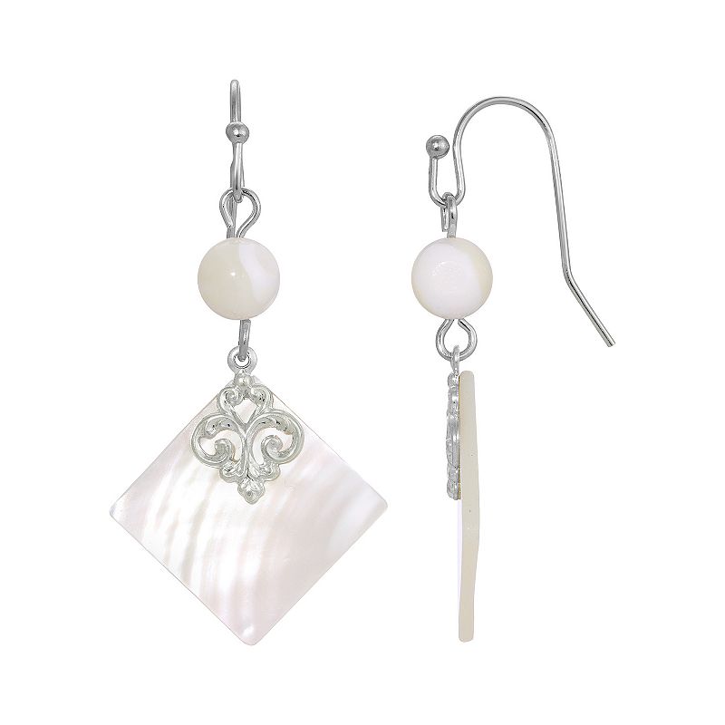 1928 Silver Tone Simulated Mother Of Pearl Shell Stone And Bead Drop Earrin
