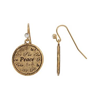 1928 Gold Tone Multi-Language Peace Round Medallion Earrings