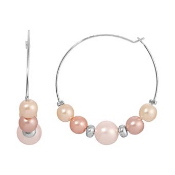 1928 Silver Tone Multi Color Simulated Pearl Hoop Earrings