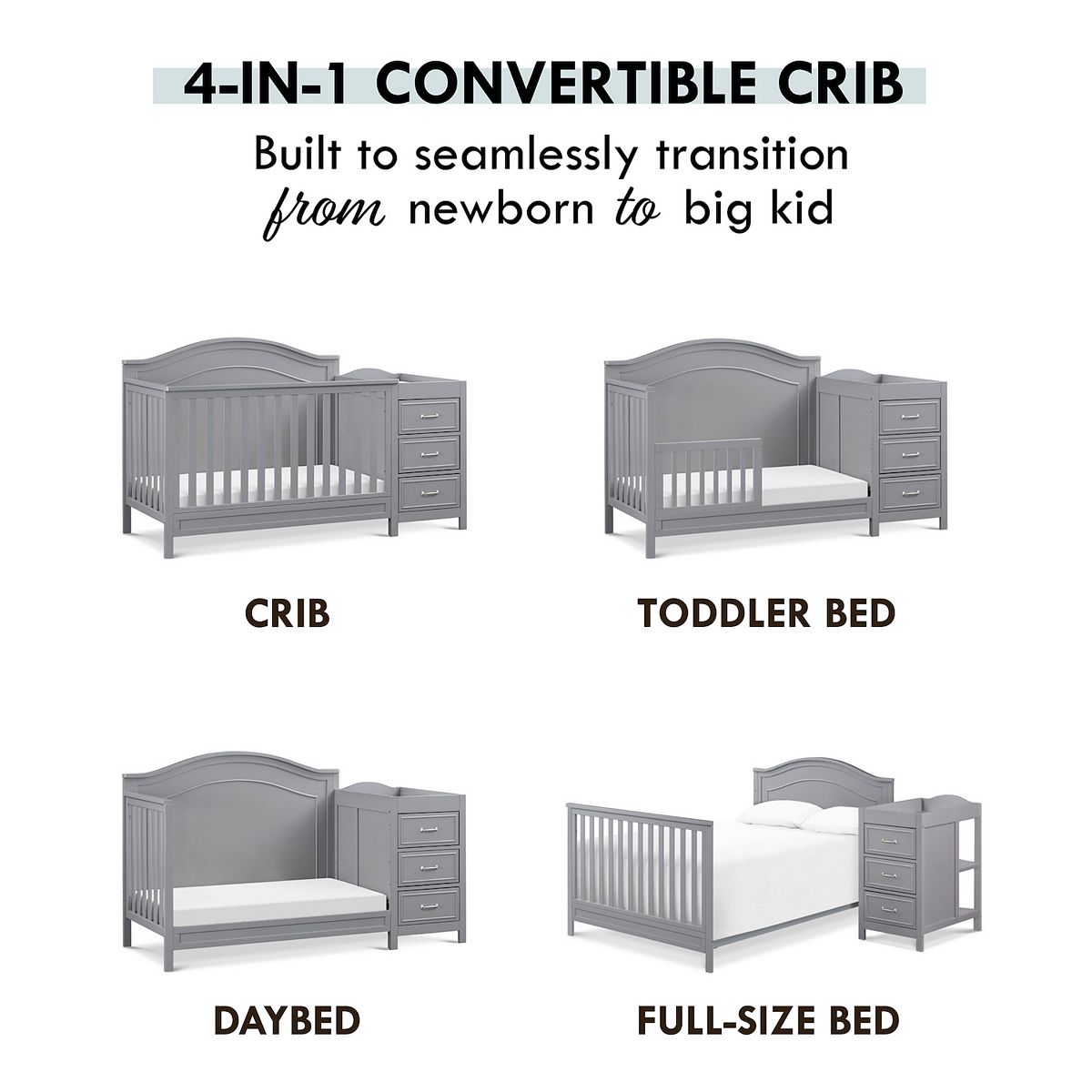 4-in-1 convertible crib options shown: crib, toddler bed, daybed, full-size bed