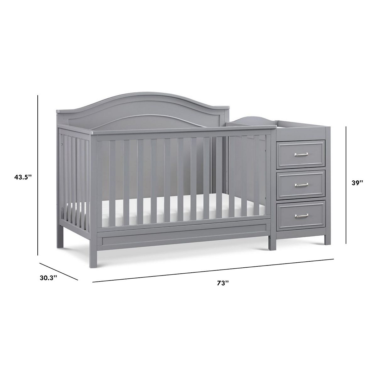 DaVinci Charlie crib & changer combo with dimensions in gray