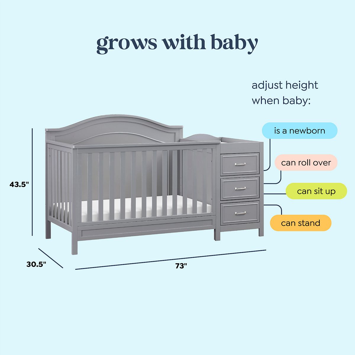 DaVinci Charlie convertible crib grows with baby height adjustment diagram