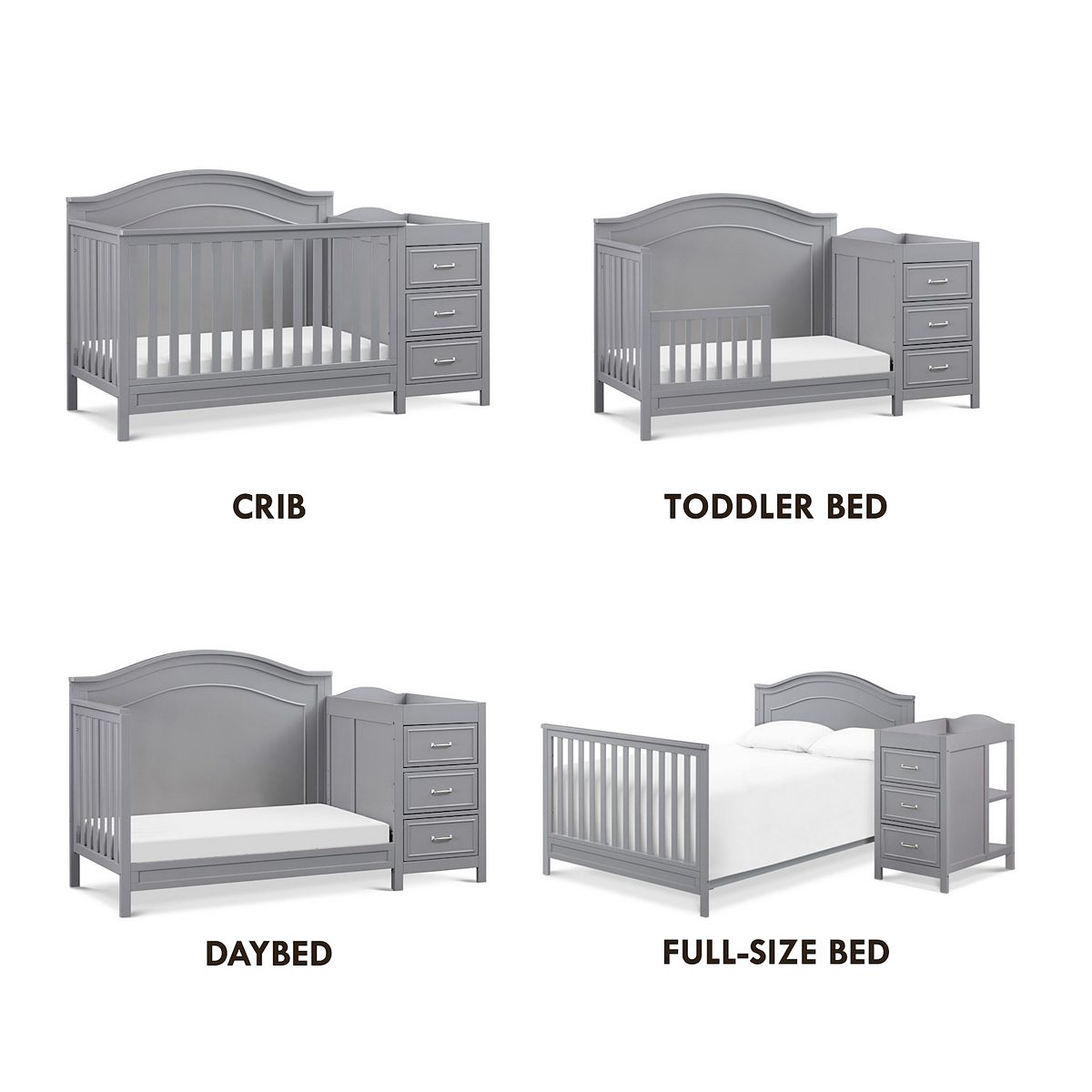 4-in-1 convertible crib styles: crib, toddler bed, daybed, full-size bed