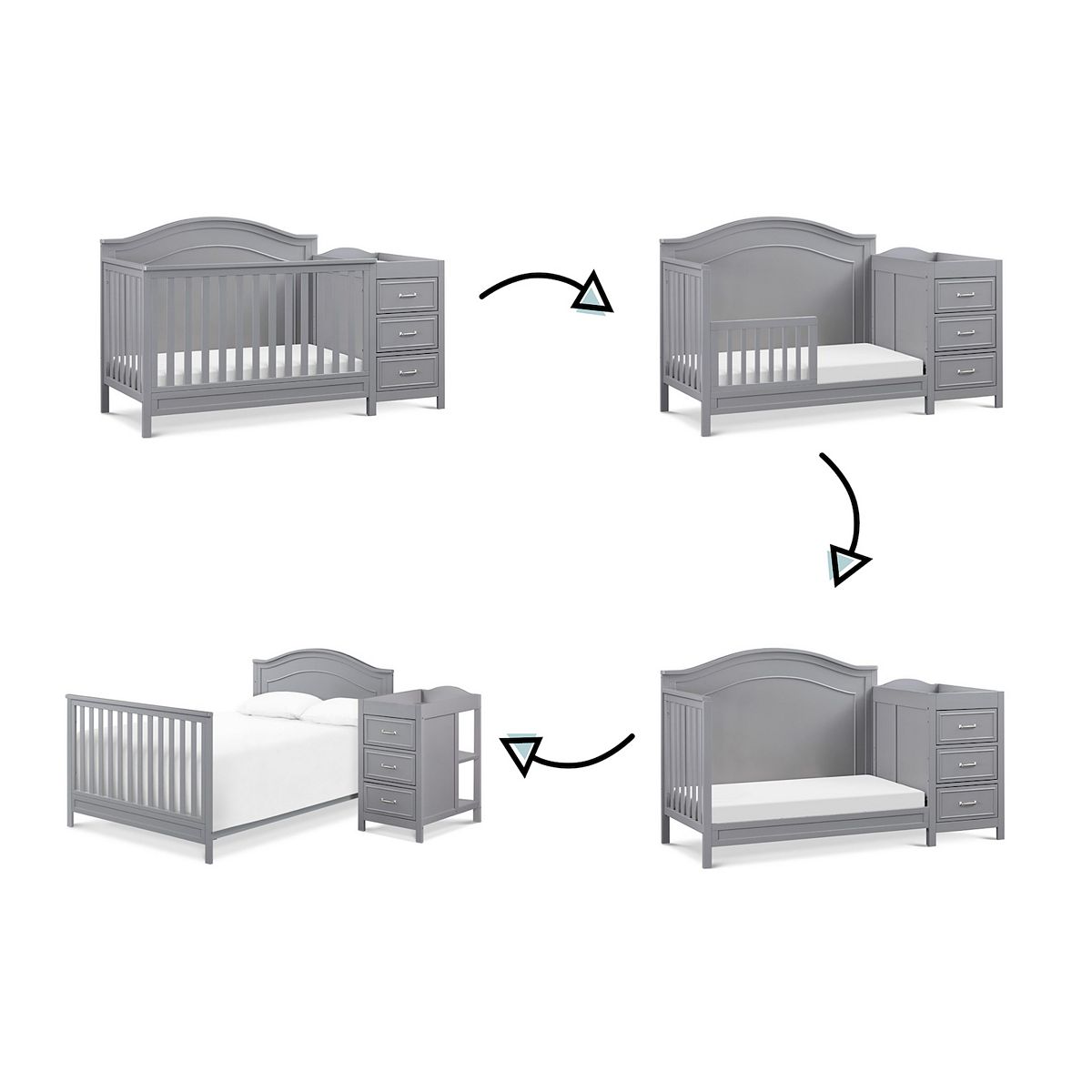 Convertible crib transforms across 4 configurations with arrows