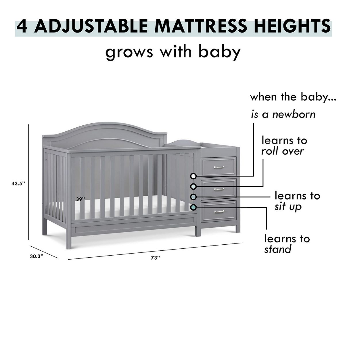 DaVinci Charlie 4 adjustable mattress heights diagram for newborn to grown child