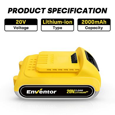 Enventor 20V 2.0Ah Lithium Ion Replacement Battery with LED Power Indicator
