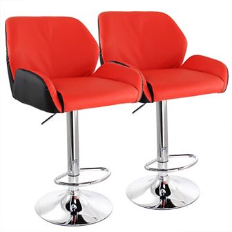 Elama 2 pc Adjustable Faux Leather Bar Stool in Red and Black with Chrome Base