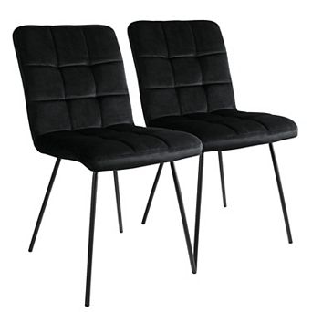 Elama 2 pc Velvet Tufted Accent Chairs in Black with Black Metal Legs