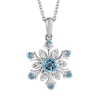Sterling Silver Round Blue Topaz & White Zircon Accent Snowflake Pendant Necklace