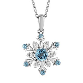 Sterling Silver Round Blue Topaz & White Zircon Accent Snowflake Pendant Necklace