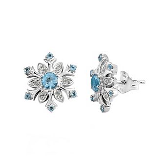 Sterling Silver Round Blue Topaz & White Zircon Snowflake Stud Earrings