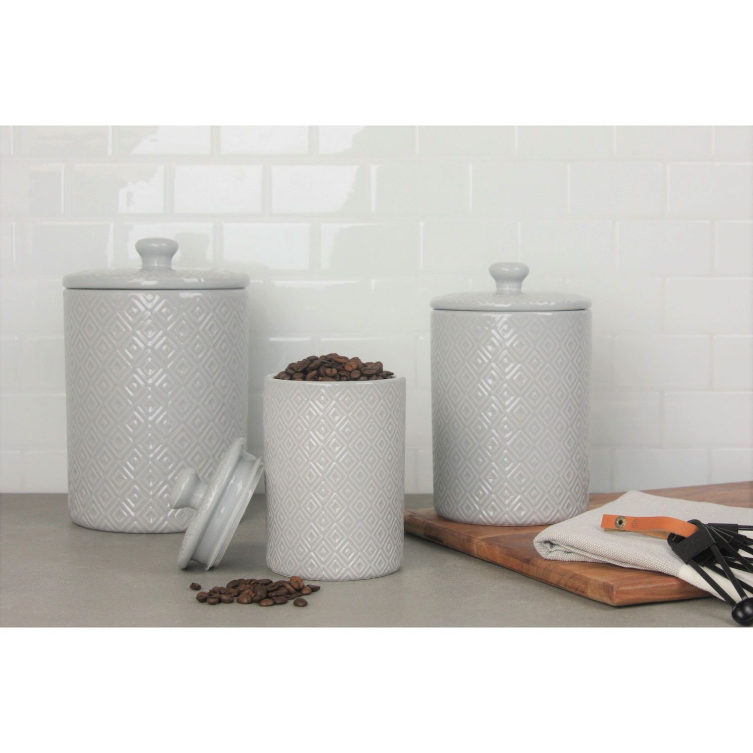 10 Strawberry Street Fleur Embossed 3 Piece Ceramic Canister Set - Thumbnail 2
