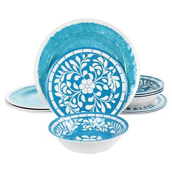 Elama Nelly 12 pc Melamine Dinnerware Set in Blue