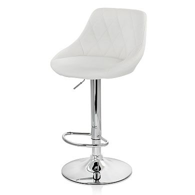 Elama 2 Piece Diamond Stitched Faux Leather Bar Stool in White with Chrome Base and Adjustable Height
