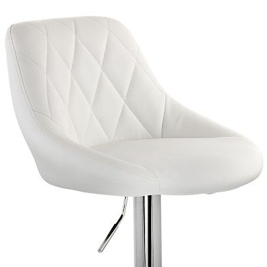 Elama 2 Piece Diamond Stitched Faux Leather Bar Stool in White with Chrome Base and Adjustable Height