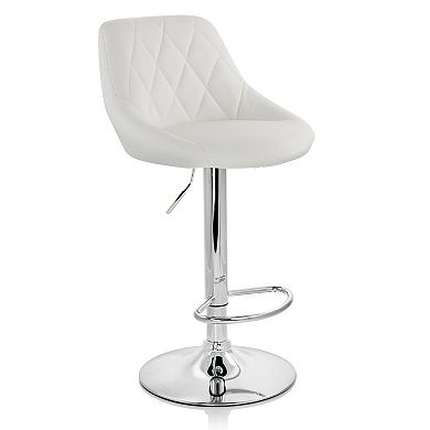 Elama 2 Piece Diamond Stitched Faux Leather Bar Stool in White with Chrome Base and Adjustable Height