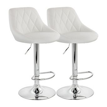 Elama 2 pc Diamond Stitched Faux Leather Bar Stool in White with Chrome Base and Adjustable Height