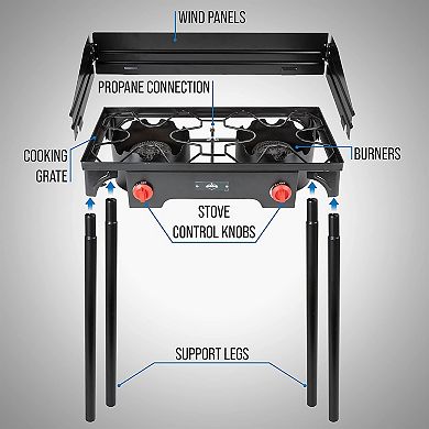 Hike Crew 150,000 BTU Portable Gas Stove with 2 Burners, Legs, Wind Panels & Temperature Control