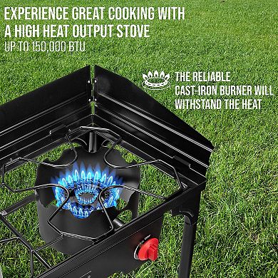 Hike Crew 150,000 BTU Portable Gas Stove with 2 Burners, Legs, Wind Panels & Temperature Control