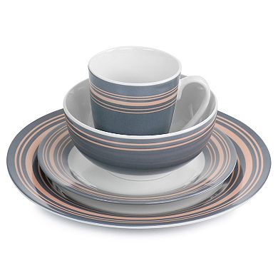 Gibson Everyday Silver Wind 16 Piece Fine Ceramic Dinnerware Set in Grey and Pink