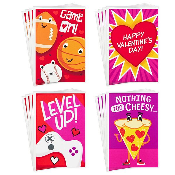 Hallmark Assorted Sports, Pizza, Video Games Valentines Day Cards for Kids  - 12 Cards with Envelopes