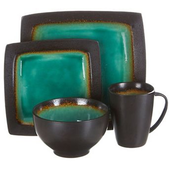 Gibson Everyday Ocean Paradise 16 pc Square Stoneware Dinnerware Set in Jade