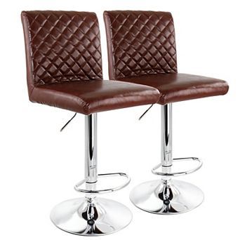 Elama 2 pc Adjustable Tufted Faux Leather Bar Stool in Glossy Cherry with Chrome Base