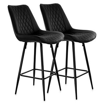 Elama 2 pc Diamond Stitched Faux Leather Bar Chair in Black with Metal Legs