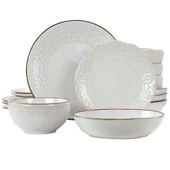 Elama Countess 16 pc Embossed Double Bowl Stoneware Dinnerware Set in Ivory