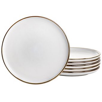 Elama Arthur 6 pc Stoneware Salad Plate Set in Matte White with Gold Rim