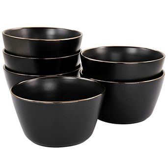 Elama Paul 6 pc Stoneware Bowl Set in Matte Black with Gold Rim