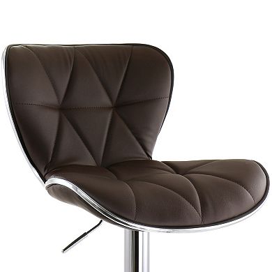 Elama 2 Piece Diamond Tufted Faux Leather Adjustable Bar Stool in Brown with Chrome Trim and Base