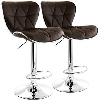 Elama 2 pc Diamond Tufted Faux Leather Adjustable Bar Stool in Brown with Chrome Trim and Base