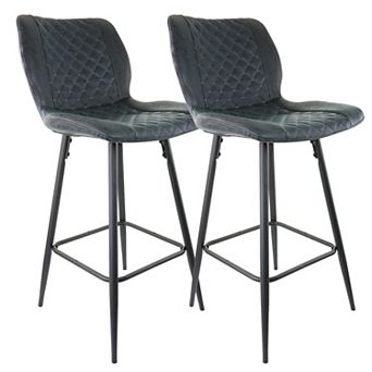 Elama 2 pc Diamond Stitched Faux Leather Bar Chair in Black with Metal Legs