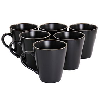 Elama Paul 6 pc Stoneware Mug Set in Matte Black with Gold Rim