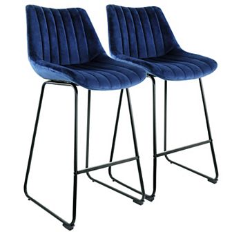 Elama 2 pc Velvet Stripe Stitch Bar Chair in Royal Blue with Metal Legs