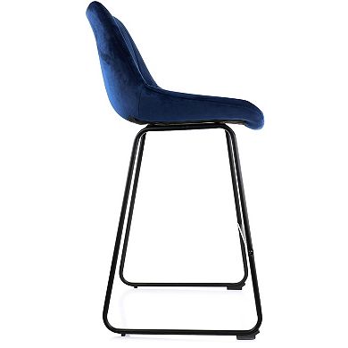 Elama 2 Piece Velvet Stripe Stitch Bar Chair in Royal Blue with Metal Legs