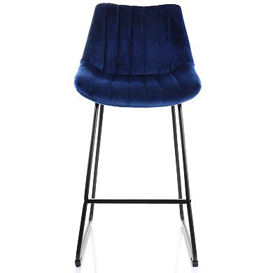 Elama 2 Piece Velvet Stripe Stitch Bar Chair in Royal Blue with Metal Legs