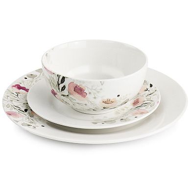 Gibson Everyday Lily Garden Ceramic 12 Piece Dinnerware Set in White and Pink