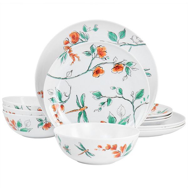 Gibson Everyday 12 Piece Dragonfly Melamine Dinnerware Set in White
