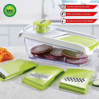 Brentwood Mandollin Slicer with 5 Cup Storage Container and 4 Interchangeable Stainless Steel Blades in Green