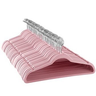 Elama Home 100 pc Velvet Slim Profile Heavy Duty Felt Hangers with Stainless Steel Swivel Hooks in Pink