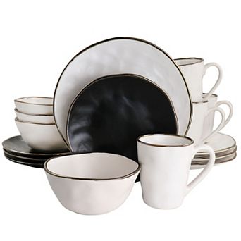 Elama Roman 16 pc Stoneware Dinnerware Set in Assorted Matte with Gold Rim