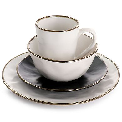 Elama Roman 16 Piece Stoneware Dinnerware Set in Assorted Matte with Gold Rim