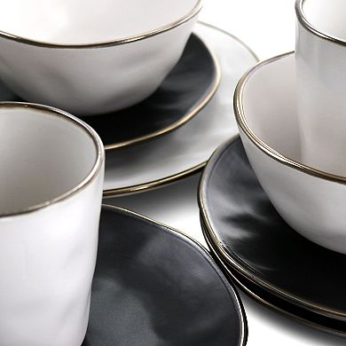 Elama Roman 16 Piece Stoneware Dinnerware Set in Assorted Matte with Gold Rim