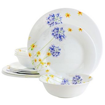Gibson Ultra Violet Floral 12 pc Tempered Opal Glass Dinnerware Set